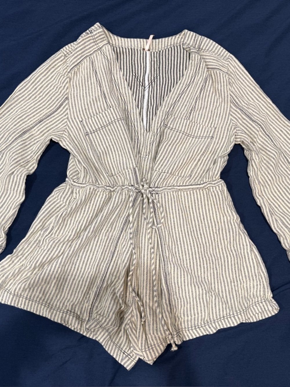 Striped Drawstring Romper in Cream and Gray